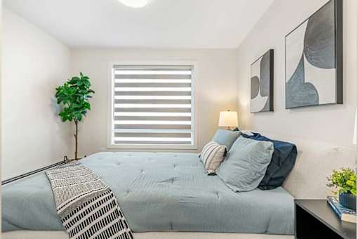 A bedroom with a bed, a plant, and two paintings on the wall.