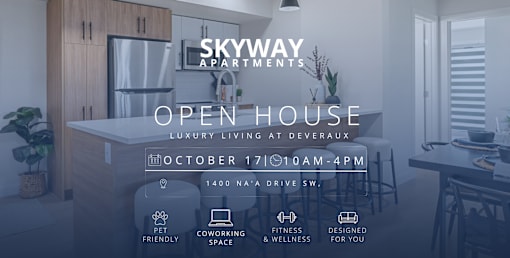 A poster advertises an open house for Skyway Apartments on October 17 from 10 AM to 4 PM.
