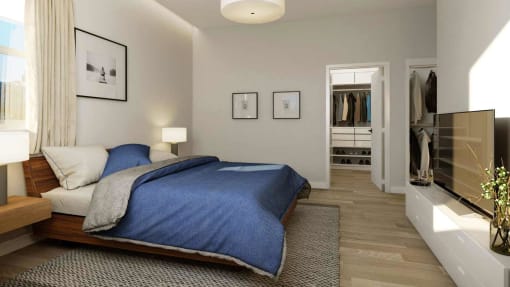 a bedroom with a bed and a closet