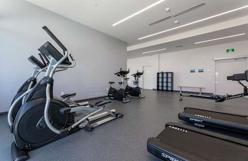 A gym with treadmills, elliptical machines, and a stationary bike.