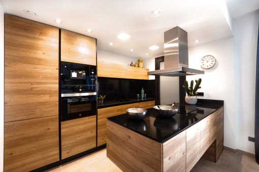 wooden and black kitchen