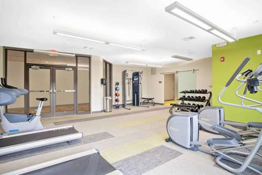 A gym with treadmills, elliptical machines and other exercise equipment.