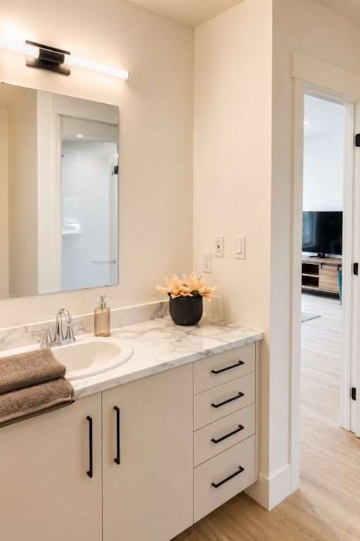 A bathroom with a sink, mirror, and cabinets.