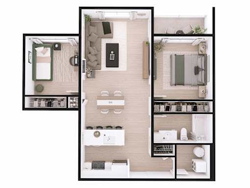 A top-down view of a small apartment with a kitchen, living room, and bathroom.