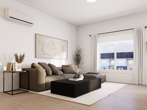 A modern living room with a large window and a brown sofa.