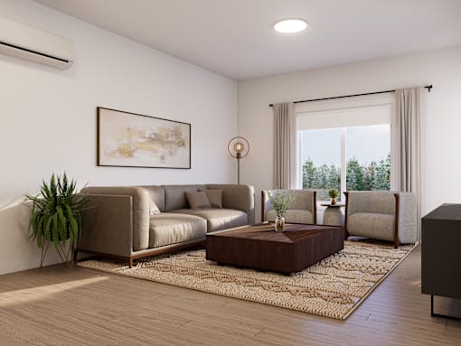 A living room with a brown leather sofa, a wooden coffee table, and a painting on the wall.