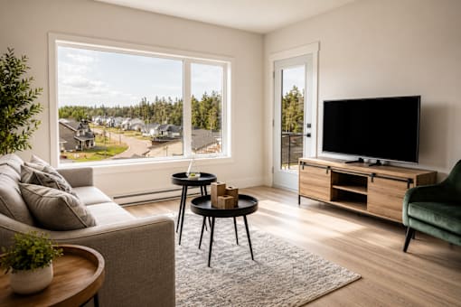 A living room with a couch, a coffee table, a TV, and a plant.