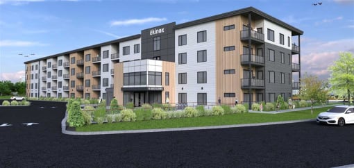 a rendering of an apartment building with a car parked in front of it