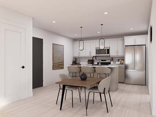 A modern kitchen with a dining table and chairs.