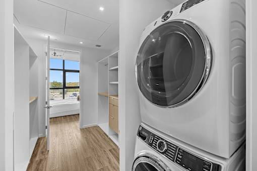 A washing machine is shown in a split image with a laundry room in the background.