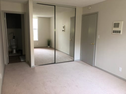 the master bedroom has a large mirror and a carpeted floor