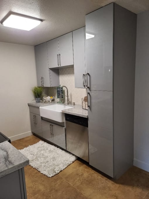 a kitchen with stainless steel appliances and a white sink