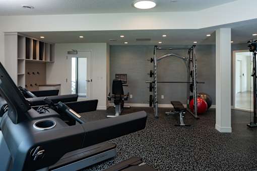 A gym with a treadmill, weights, and a ball.