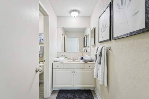 Bathroom with white cabinets at The Bosk Apartment Homes, Woodbury, MN, 55125