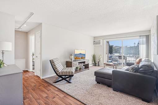 A living room with a black couch, a chair, and a rug.