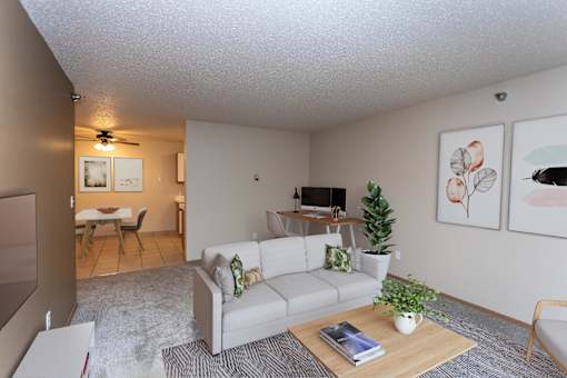 Living Room with Couches, TV and Work Desk