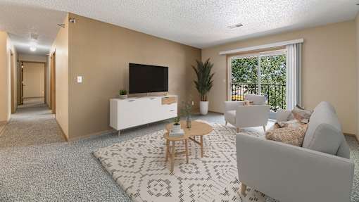 a living room with a white rug and a couch and a television