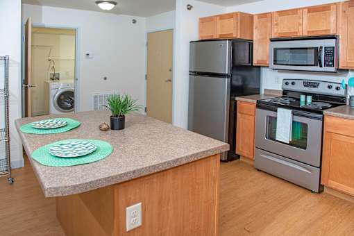 Kitchen with Stove Fridge and Island