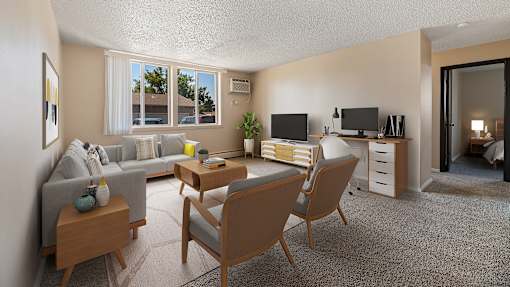 a living room with a couch and a table and chairs