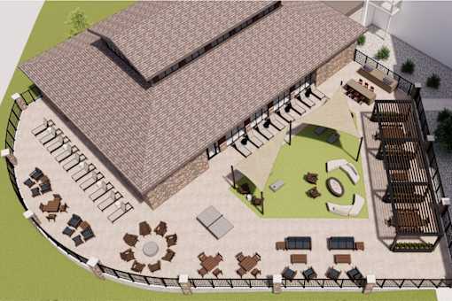 A rendering of a courtyard with tables and chairs.