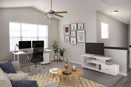 Open and modern living space with a large window perfect to create you work from home space.