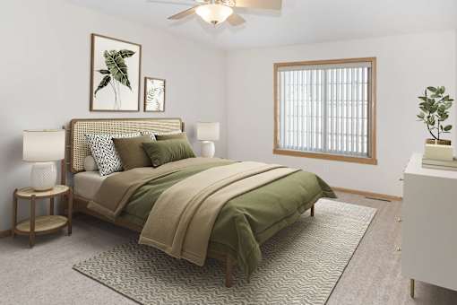 a bedroom with a ceiling fan and a window