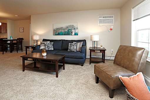 Carpeted Living Room with Couch and Coffee Table