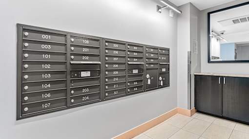 A wall of mailboxes numbered from 001 to 204.
