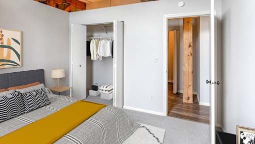 a bedroom with a bed and a closet