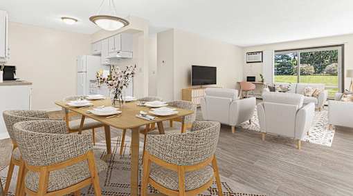 a living room and dining room with a table and chairs