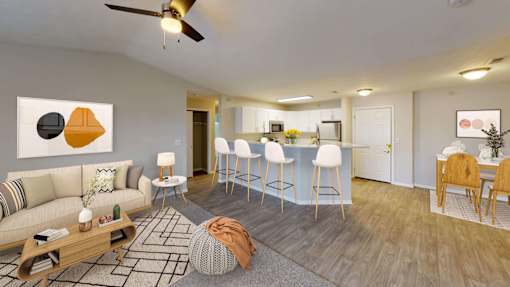Open and contemporary layout with living room flowing into the kitchen and separate dining area.