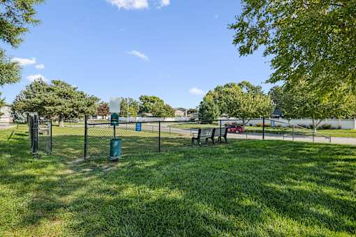 A park with a blue trash can and a picnic table.