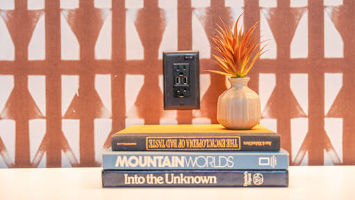 A stack of books with a small potted plant and a black device on top.