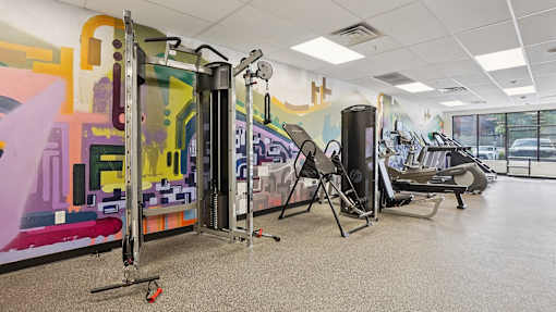 A gym with a row of treadmills and a row of stationary bikes.