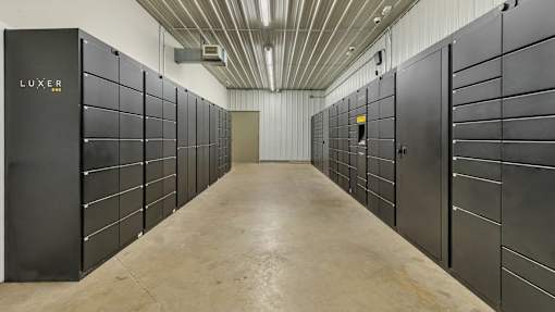 a row of industrial lockers in a storage facility