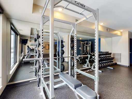 Fitness center with adjustable weight rack, barbell and dumbbell rack, all against mirrored wall