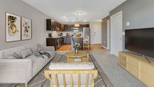 a living room with a couch and a table
