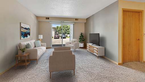 a living room with a couch and chairs and a television
