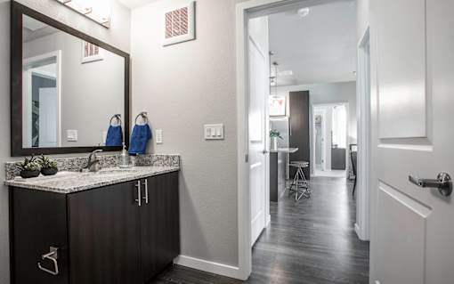 Bathroom with large mirror and dark cabinets, granite countertop, door open to apartment hallway