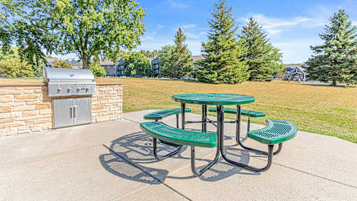 a patio with a picnic table and a barbecue grill