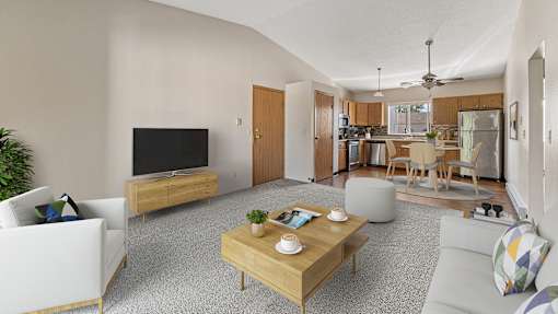 a living room with a couch and a table