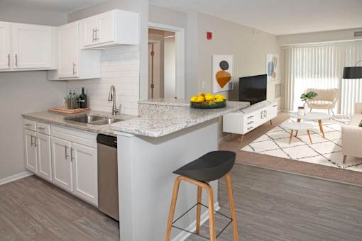 Full Kitchen with Island Open to Furnished Living Room