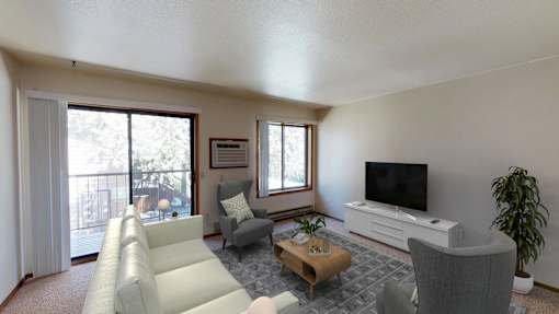 Furnished Living Room with Couch, TV and Sliding Glass Door