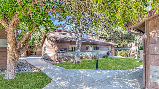 a house with a sidewalk and trees in front of it