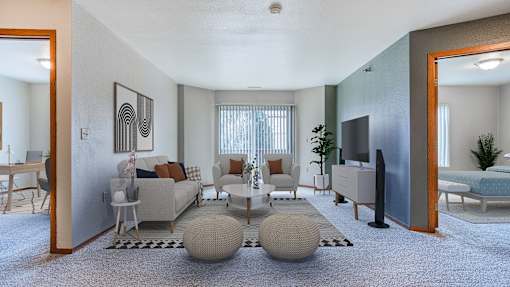 a living room with a couch and a table