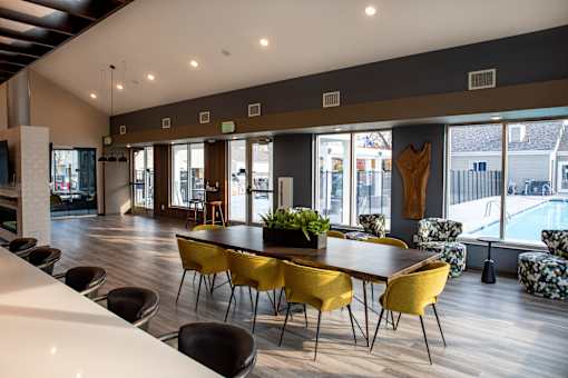 Community Clubhouse with Large Tables and Bar