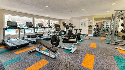 A gym with treadmills, elliptical machines, and other exercise equipment.