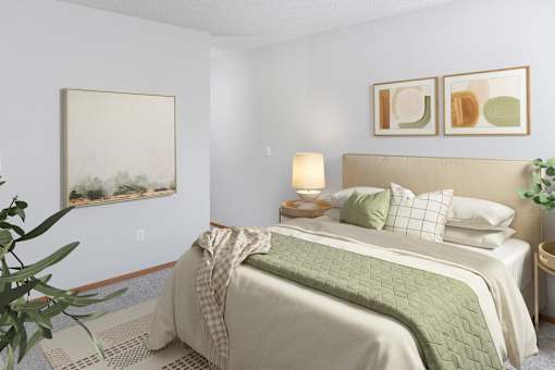 A bedroom with a large bed and a painting on the wall.