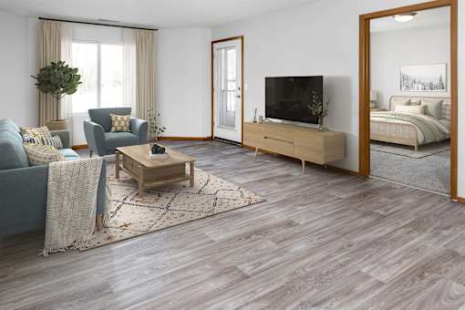 a living room with a tv and a bedroom in the background