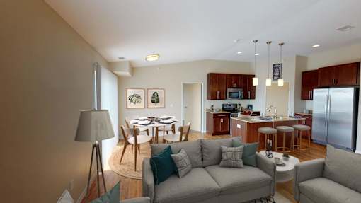 Open Concept Kitchen, Living Room and Dining Room with Furniture